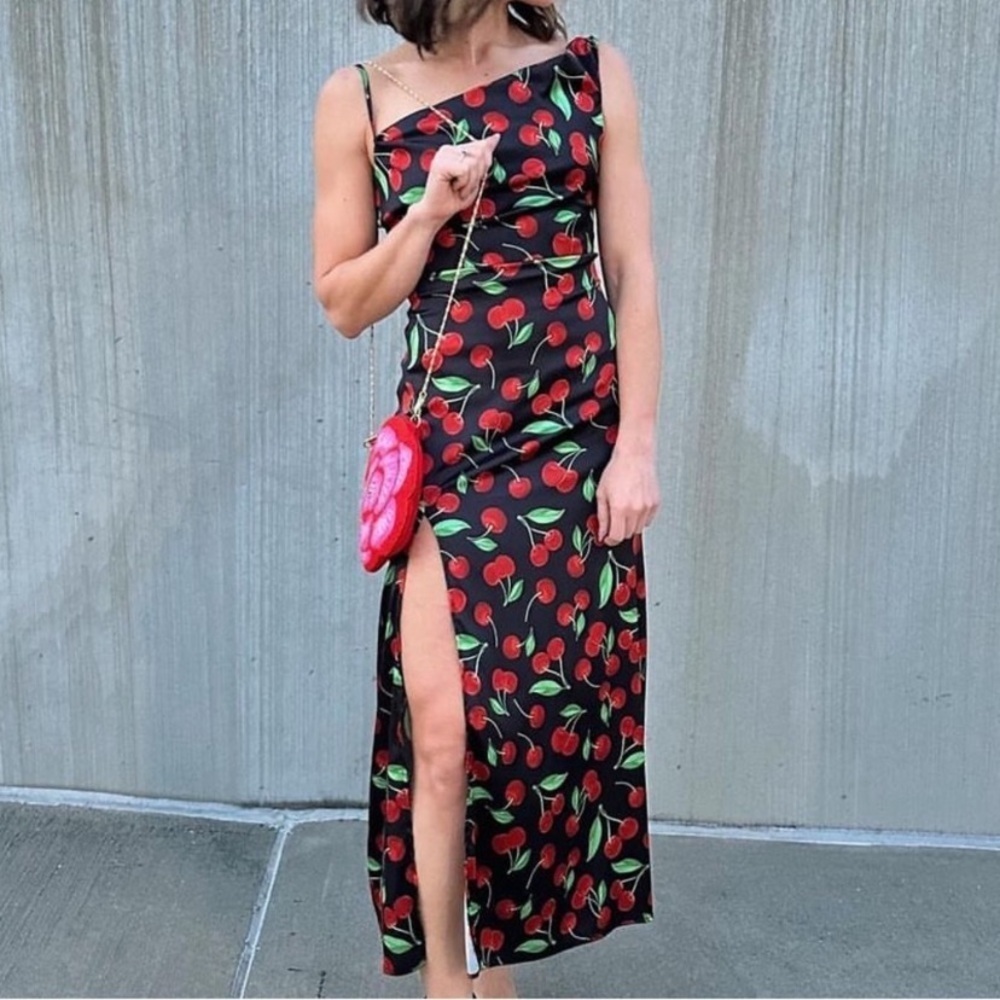 For Love & Lemons Xena Cherry Print Tie Back Cut Out Satin Side Slit Midi Dress